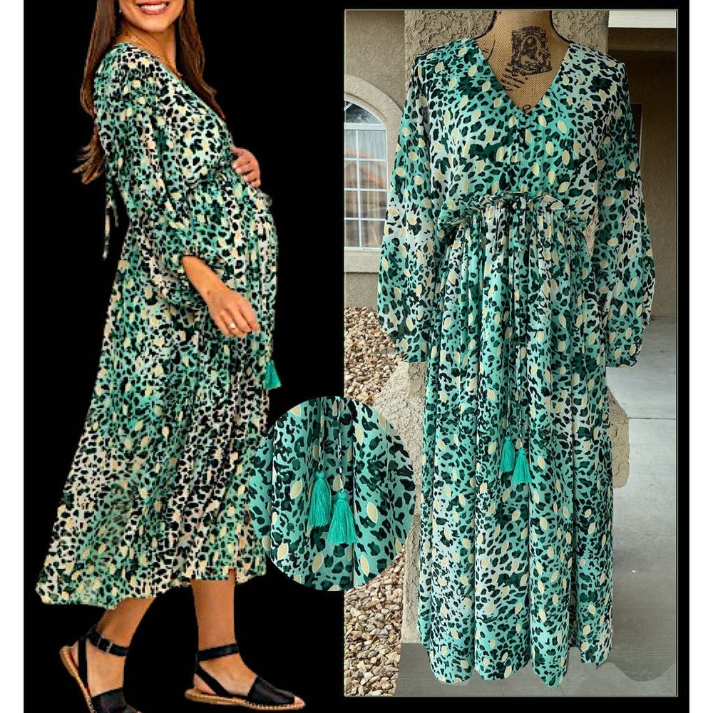 Pinkblush Green Leopard Print Chiffon Midi Dress Size Small
